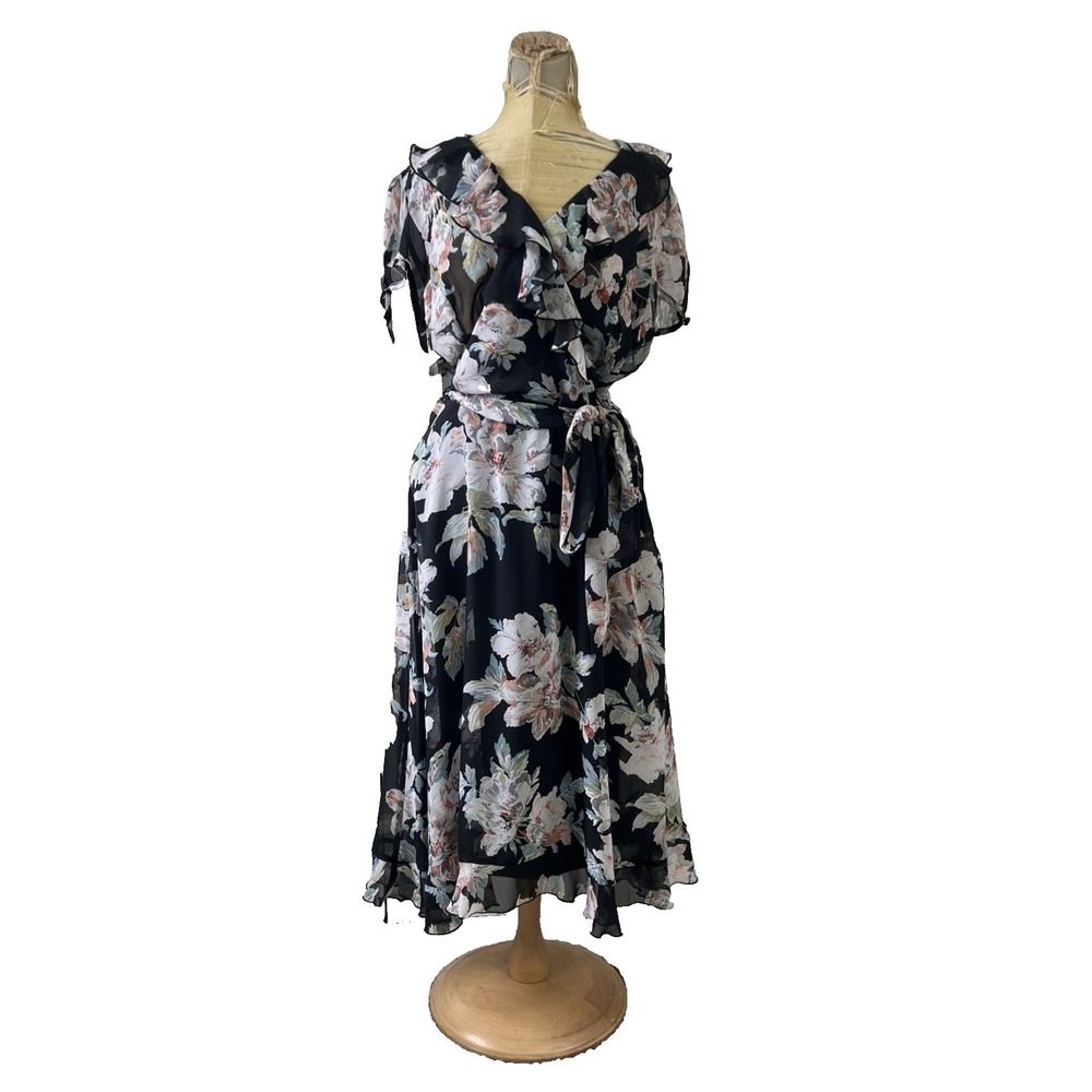 Dress Barn Black Floral Dress 10 Faux Wrap Cottage Chiffon Lined Belted Ruffle